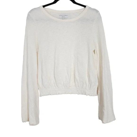 Madewell Womens Top Smocked Bell Sleeve Cream Knit Elastic Waist Blouse Size S - Picture 2 of 7